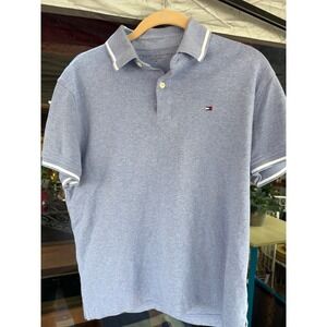 Tommy Hilfiger Light Blue Heathered Polo Shirt White Tipped Trim Size M